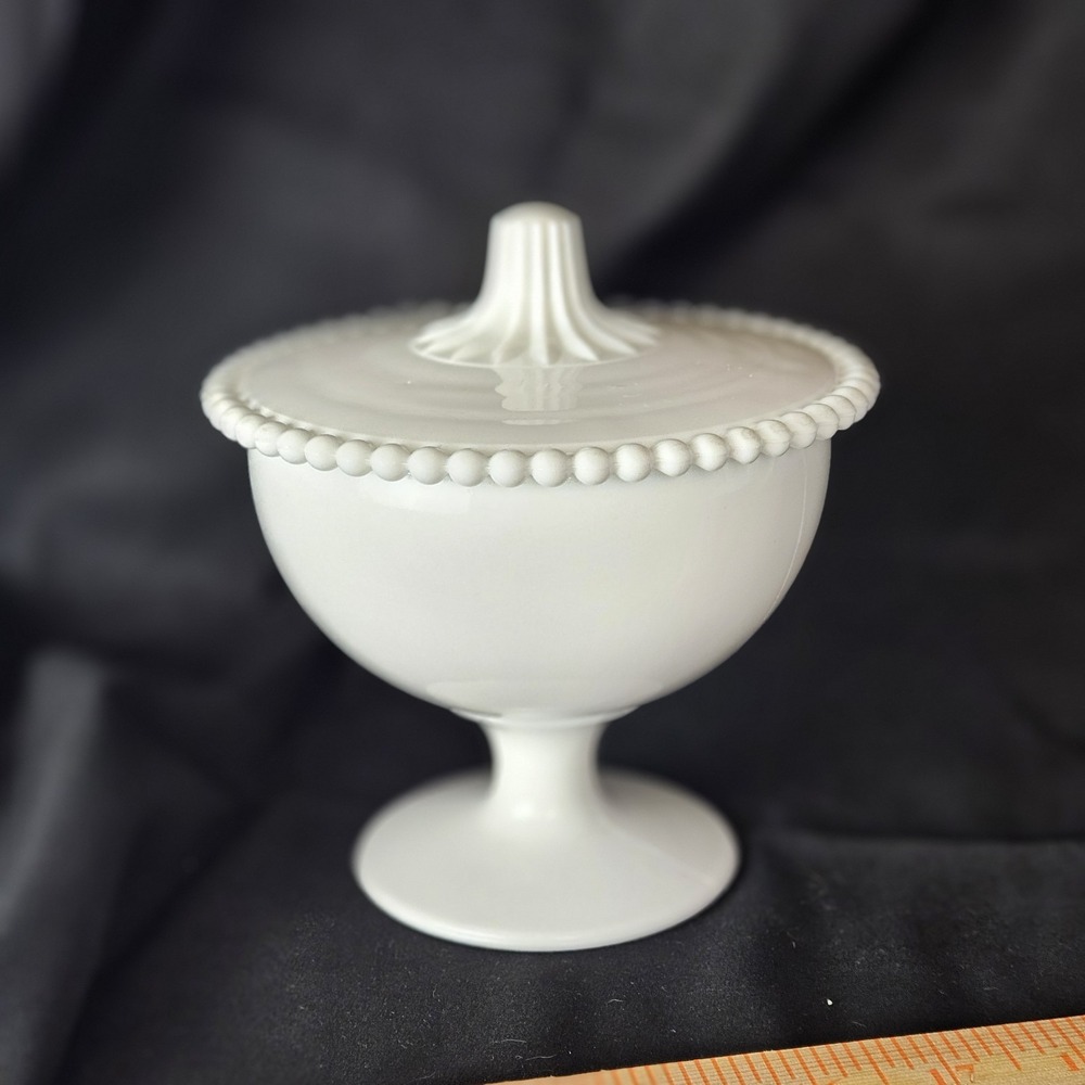 Indiana Glass White Milk Glass Lidded Pedestal Compote Candy Dish Beaded Trim